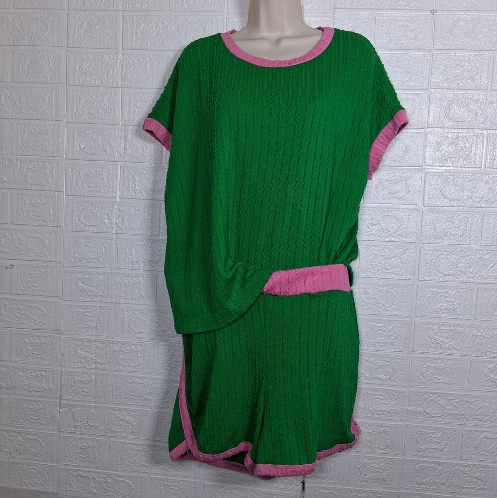 Lovely Melody XL Green Pink Cable Knit 2 Piece Shorts Top Set Preppy